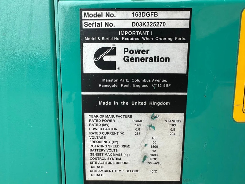 Gerador elétrico Cummins 6CTA8.3-G2 Stamford 163 kVA generatorset ex Emergency Stroomgroep Aggregaat: foto 3