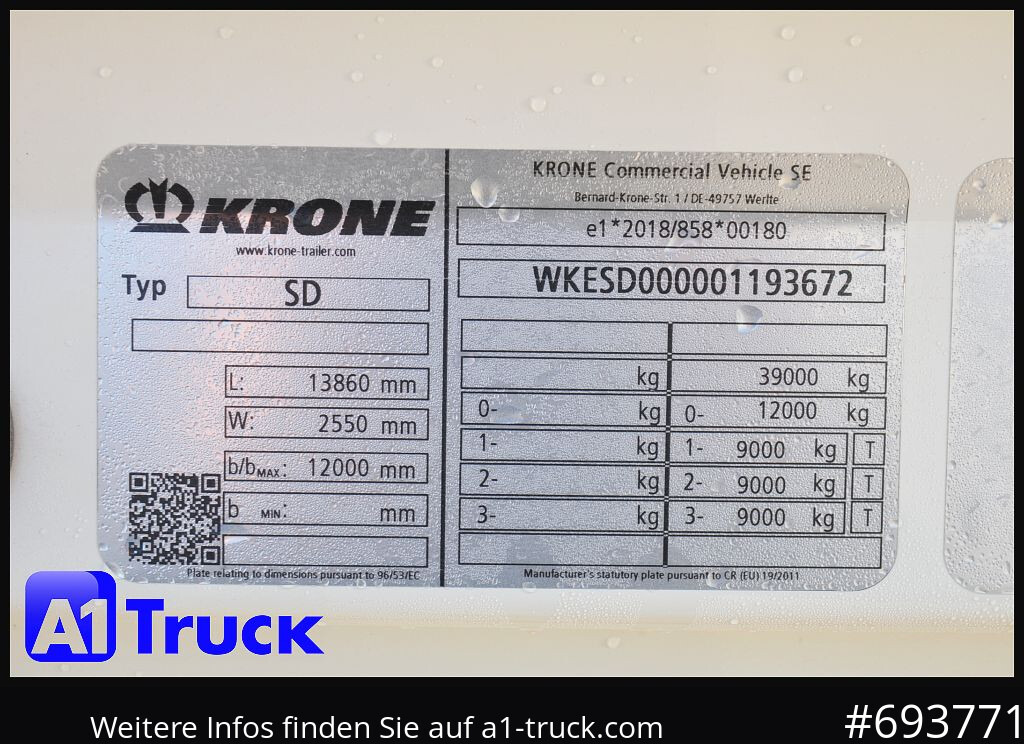 Semi-reboque furgão KRONE SD Koffer, Liftachse, Code XL, VDI 2700, SOFORT