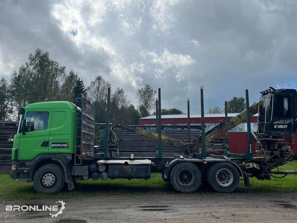 2001 Scania R144 6x4 Loglift + 1997 Närko TP3-RT-280 - Camião de transporte de madeira, Camião grua: foto 3 2001 Scania R144 6x4 Loglift + 1997 Närko TP3-RT-280 - Camião de transporte de madeira, Camião grua: foto 3