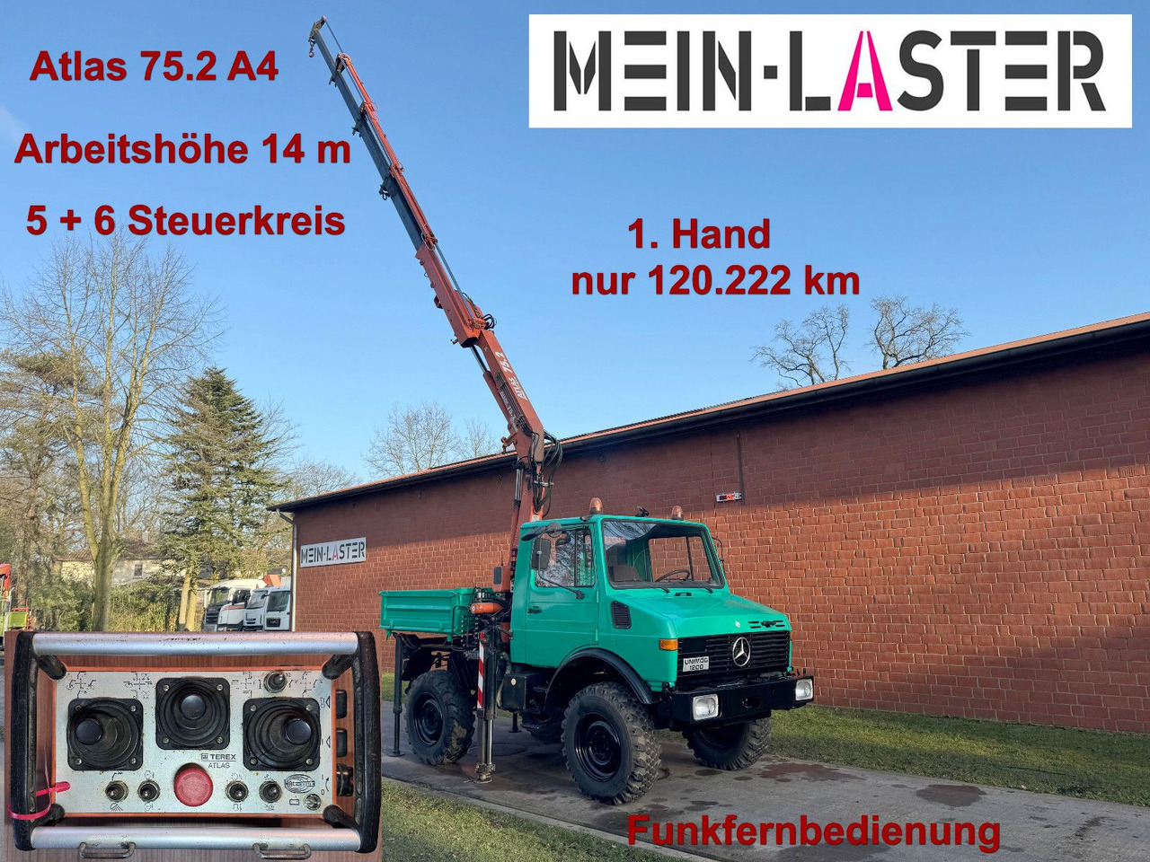 Unimog U 1200 Atlas 75.2 Kran 14 m Funk FB *1. Hand - Camião grua: foto 1 Unimog U 1200 Atlas 75.2 Kran 14 m Funk FB *1. Hand - Camião grua: foto 1