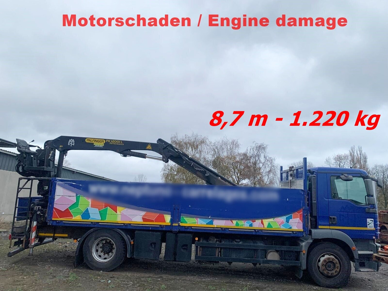 MAN TGM 18.290 4x2 BL mit MOTORSCHADEN! TGM 18.290 4x2 BL, Heckkran Palfinger PK12001L, MOTORSCHADEN! - Camião grua, Camião de caixa aberta/ Plataforma: foto 1 MAN TGM 18.290 4x2 BL mit MOTORSCHADEN! TGM 18.290 4x2 BL, Heckkran Palfinger PK12001L, MOTORSCHADEN! - Camião grua, Camião de caixa aberta/ Plataforma: foto 1