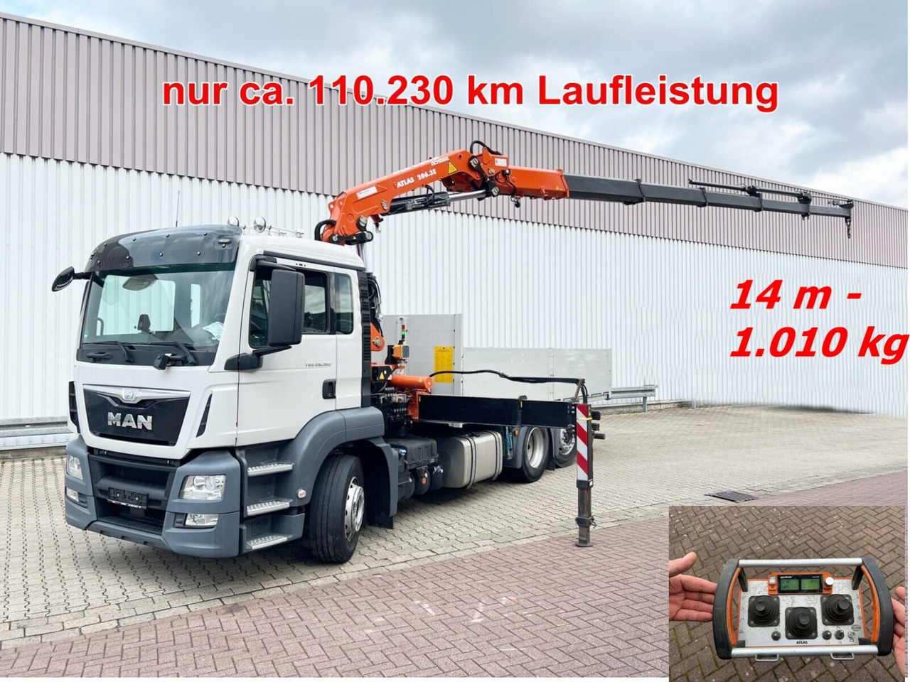 MAN TGS 26.360/400 6x2-4 BL TGS 26.360/400 6x2-4 BL, Lenk-/Lift, Kran Atlas AK 206.3E A5, Funk - Camião grua, Camião de caixa aberta/ Plataforma: foto 1 MAN TGS 26.360/400 6x2-4 BL TGS 26.360/400 6x2-4 BL, Lenk-/Lift, Kran Atlas AK 206.3E A5, Funk - Camião grua, Camião de caixa aberta/ Plataforma: foto 1