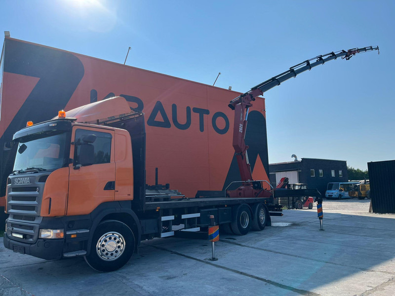 Scania R 340 6x2*4 HMF 2823-K6 + JIB / PLATFORM L=7293 mm - Camião de caixa aberta/ Plataforma, Camião grua: foto 1 Scania R 340 6x2*4 HMF 2823-K6 + JIB / PLATFORM L=7293 mm - Camião de caixa aberta/ Plataforma, Camião grua: foto 1