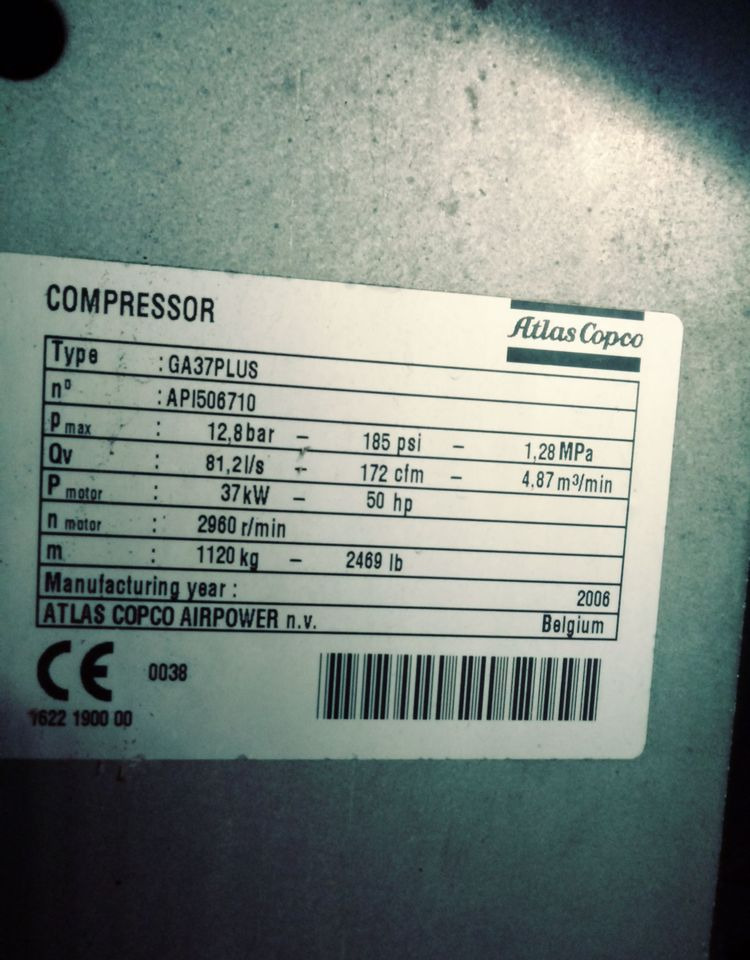Kompresor Atlas Copco Atlas Copco GA37 Plus 2006 Kompresor sprężarka śrubowa - Compressor de ar: foto 3 Kompresor Atlas Copco Atlas Copco GA37 Plus 2006 Kompresor sprężarka śrubowa - Compressor de ar: foto 3
