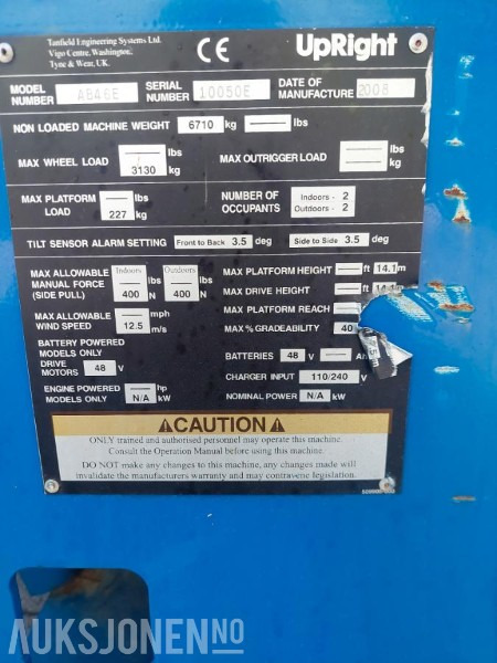 2008 UpRight AB46E bomlift med knekkarm - Arbeidshøyde 16,1 m. - Vekt: 6 700 kg - Timer: 217! - Plataforma aérea: foto 5 2008 UpRight AB46E bomlift med knekkarm - Arbeidshøyde 16,1 m. - Vekt: 6 700 kg - Timer: 217! - Plataforma aérea: foto 5