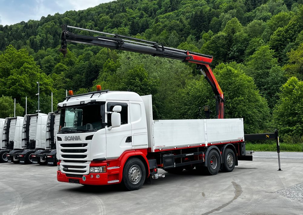 Scania G450 // 6x2// Skrzynia 6.40x2.49 // HDS Palfinger // Oś skrętna podnoszona // - Camião de caixa aberta/ Plataforma, Camião grua: foto 1 Scania G450 // 6x2// Skrzynia 6.40x2.49 // HDS Palfinger // Oś skrętna podnoszona // - Camião de caixa aberta/ Plataforma, Camião grua: foto 1