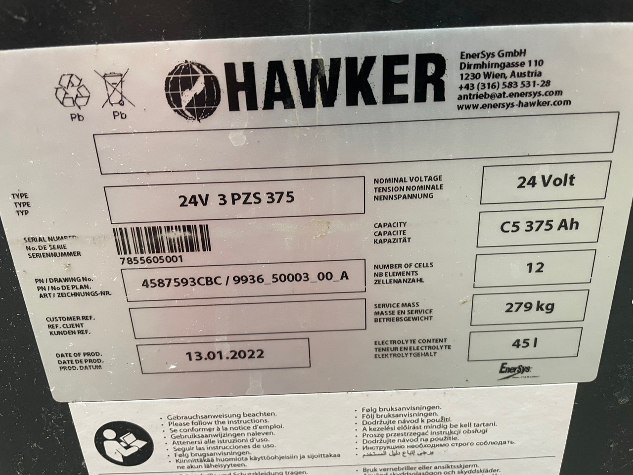 Hawker 24 Volt I 3 PZS 375 - Bateria automotiva para Equipamento de movimentação: foto 2 Hawker 24 Volt I 3 PZS 375 - Bateria automotiva para Equipamento de movimentação: foto 2
