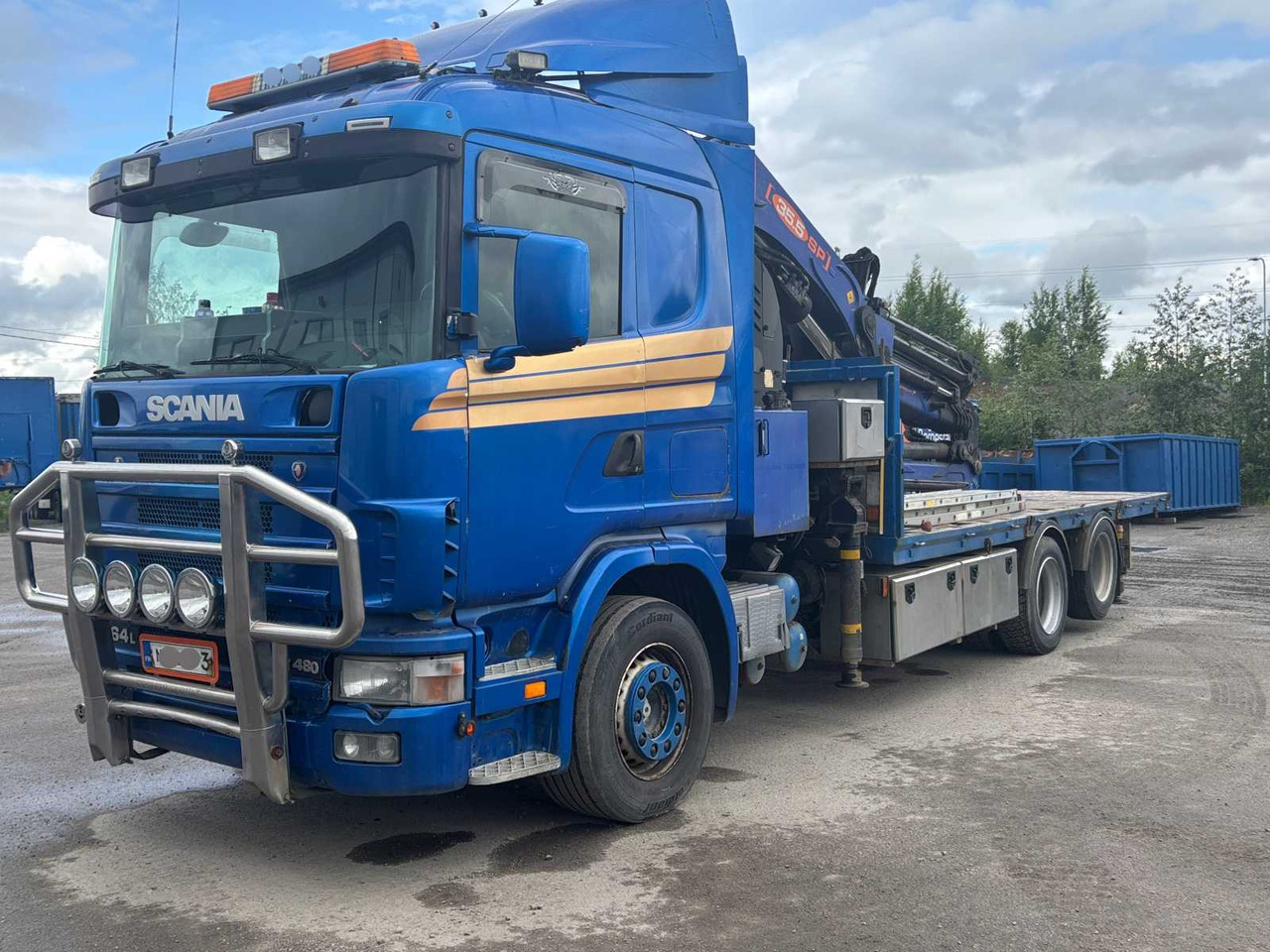 Truck Scania R 164 460 + crane PM 35.5 SP - Camião de caixa aberta/ Plataforma, Camião grua: foto 1 Truck Scania R 164 460 + crane PM 35.5 SP - Camião de caixa aberta/ Plataforma, Camião grua: foto 1
