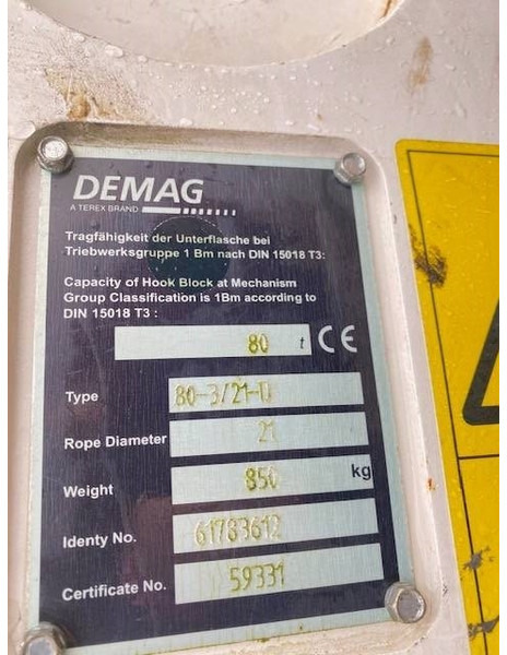 Terex Demag 80t hook block 3-sheaves, 21mm - Grua para camião para Máquina de construção: foto 5 Terex Demag 80t hook block 3-sheaves, 21mm - Grua para camião para Máquina de construção: foto 5