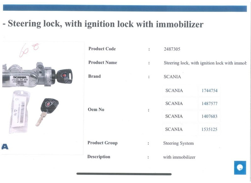 Scania Steering Lock, With ignition lock immobilizer - Peça de reposição: foto 2 Scania Steering Lock, With ignition lock immobilizer - Peça de reposição: foto 2