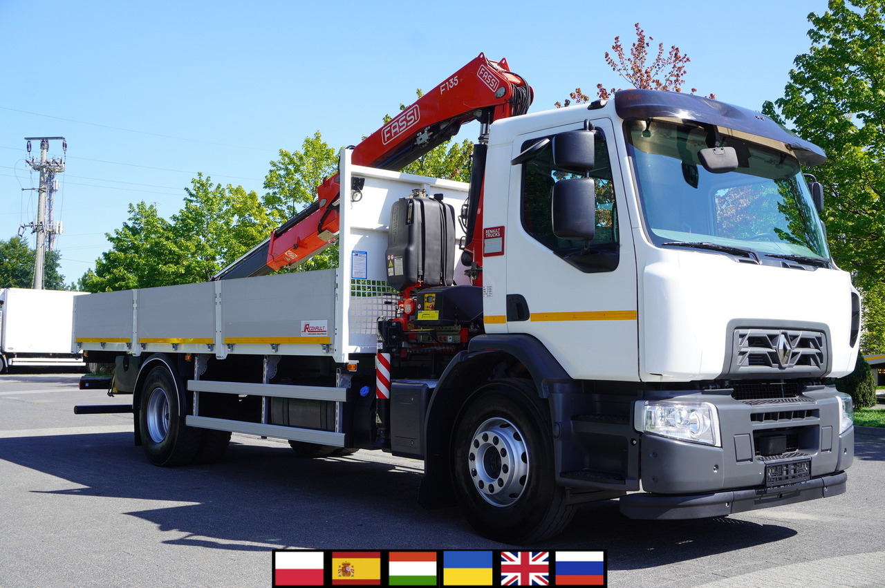 RENAULT C280 DTI 8 / FASSI crane 5.6 T / range 8 m / Flatbed 15 EPAL - Camião de caixa aberta/ Plataforma, Camião grua: foto 1 RENAULT C280 DTI 8 / FASSI crane 5.6 T / range 8 m / Flatbed 15 EPAL - Camião de caixa aberta/ Plataforma, Camião grua: foto 1
