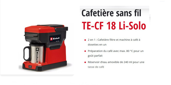 Cafetière sans fil EINHELL TE-CF 18 Li-Solo - Equipamento de processamento de alimentos: foto 1 Cafetière sans fil EINHELL TE-CF 18 Li-Solo - Equipamento de processamento de alimentos: foto 1