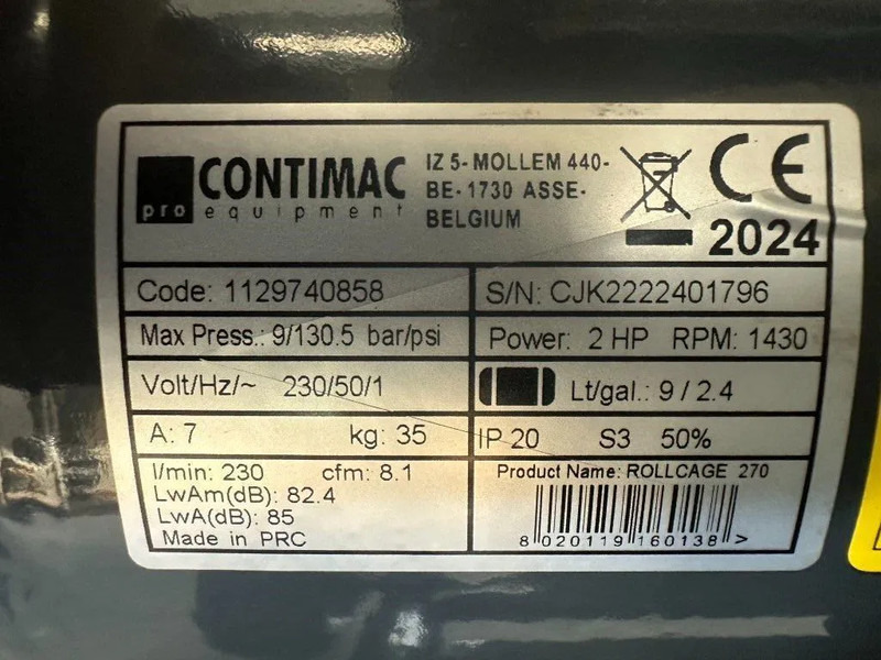 COMPRESSOR Contimac Rollcage 270 Olievrije Zuigercompressor 2 PK 230 L / min 9 Bar New ! - Compressor de ar: foto 4 COMPRESSOR Contimac Rollcage 270 Olievrije Zuigercompressor 2 PK 230 L / min 9 Bar New ! - Compressor de ar: foto 4