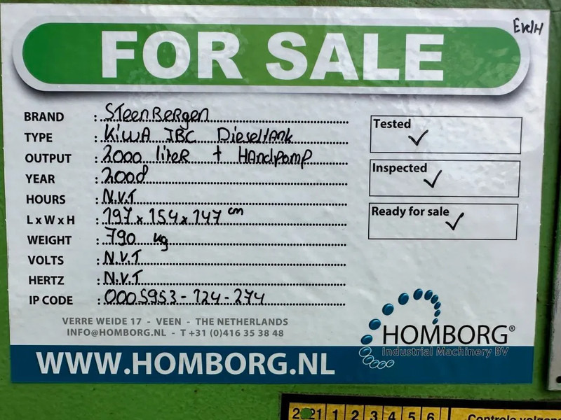 Depósito de armazenamento Kiwa IBC Steenbergen 2000 liter IBC Dieseltank met handpomp Milieutank: foto 11