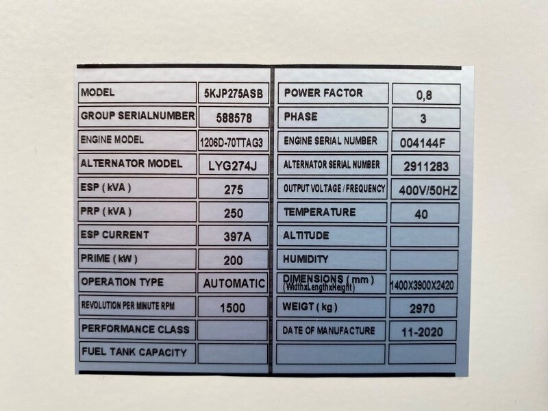 Perkins 275 kVA - 1206D-70TTAG3 Stamford 275 kVA Supersilent generatorset New ! - Gerador elétrico: foto 2 Perkins 275 kVA - 1206D-70TTAG3 Stamford 275 kVA Supersilent generatorset New ! - Gerador elétrico: foto 2