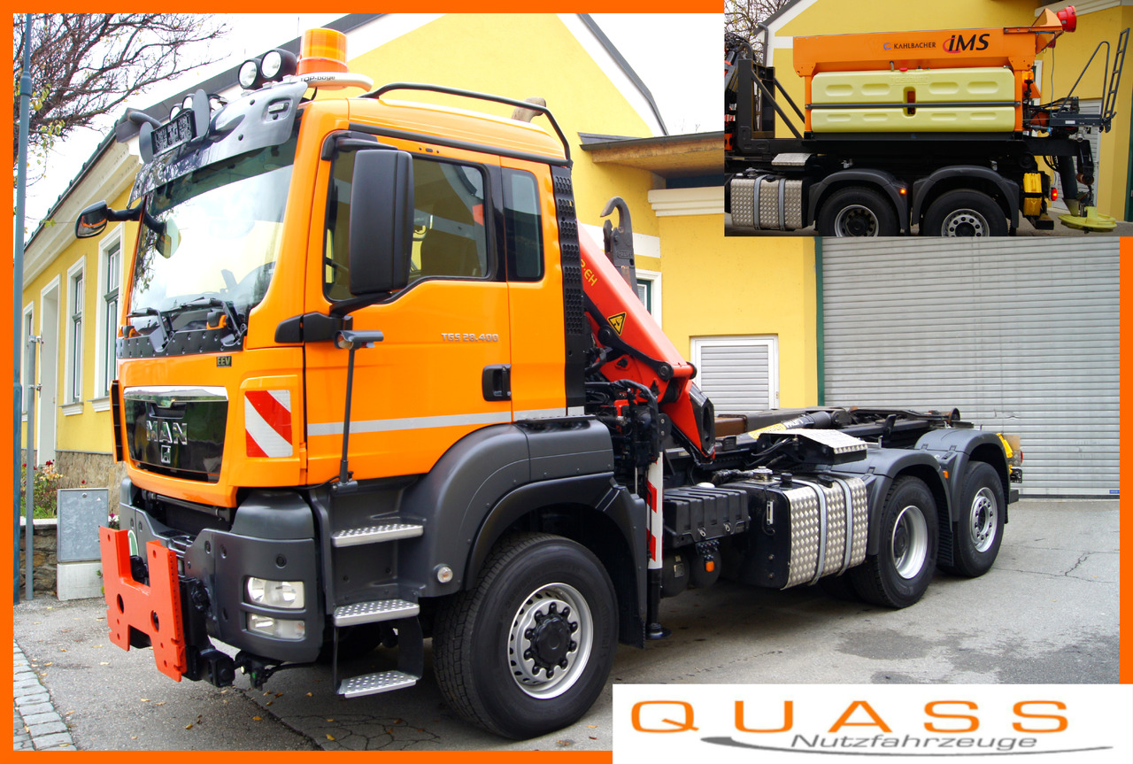 MAN TGS 28.400 BL 6x4-4/TÜV/PK12002/PALIFT/Winterdienst/Salzstreuer/Streuer/Schneepflug - Camião grua: foto 1 MAN TGS 28.400 BL 6x4-4/TÜV/PK12002/PALIFT/Winterdienst/Salzstreuer/Streuer/Schneepflug - Camião grua: foto 1